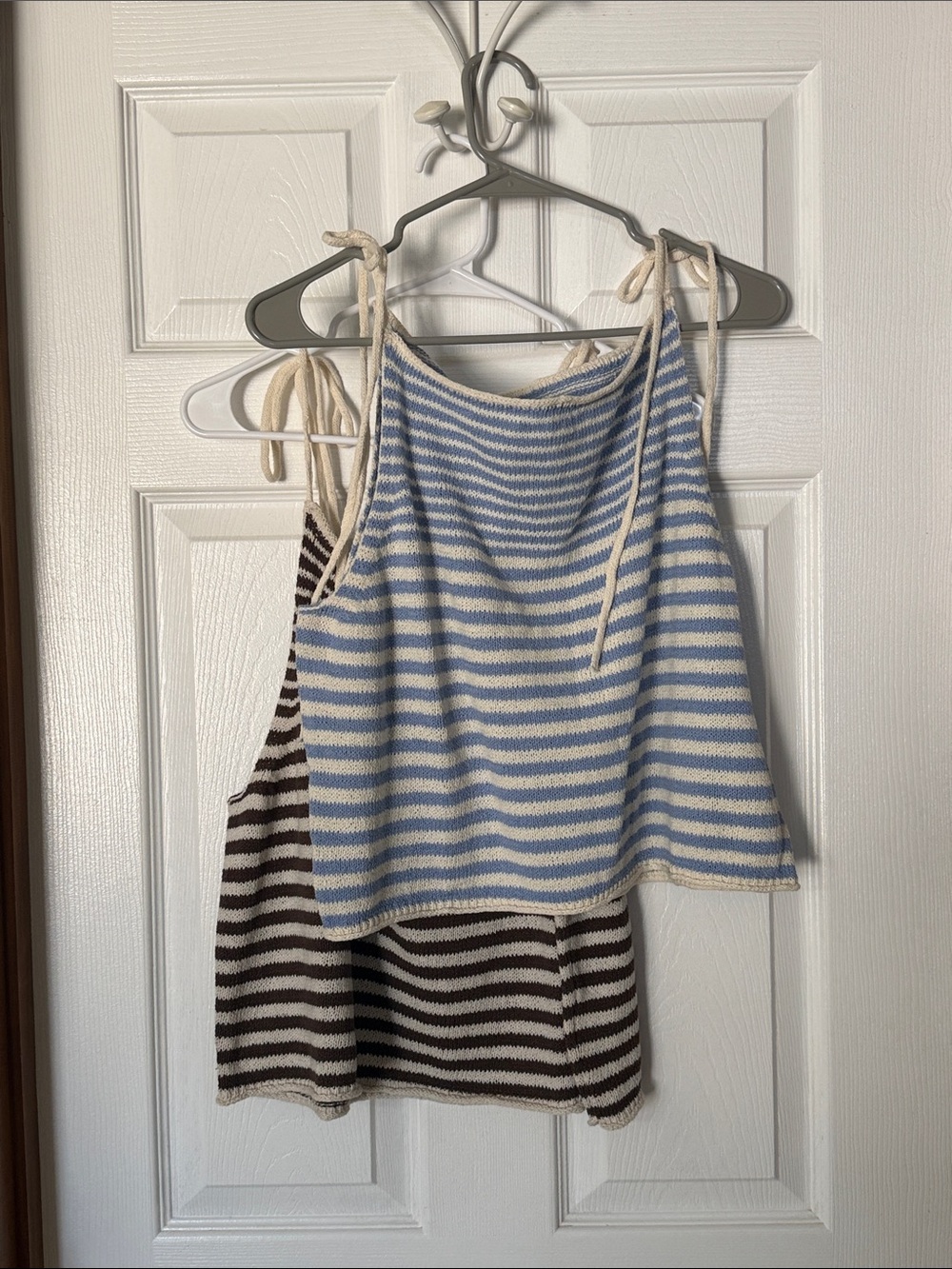 American Eagle Outfitters Blue and Cream Striped Tie-Shoulder Knit Tank